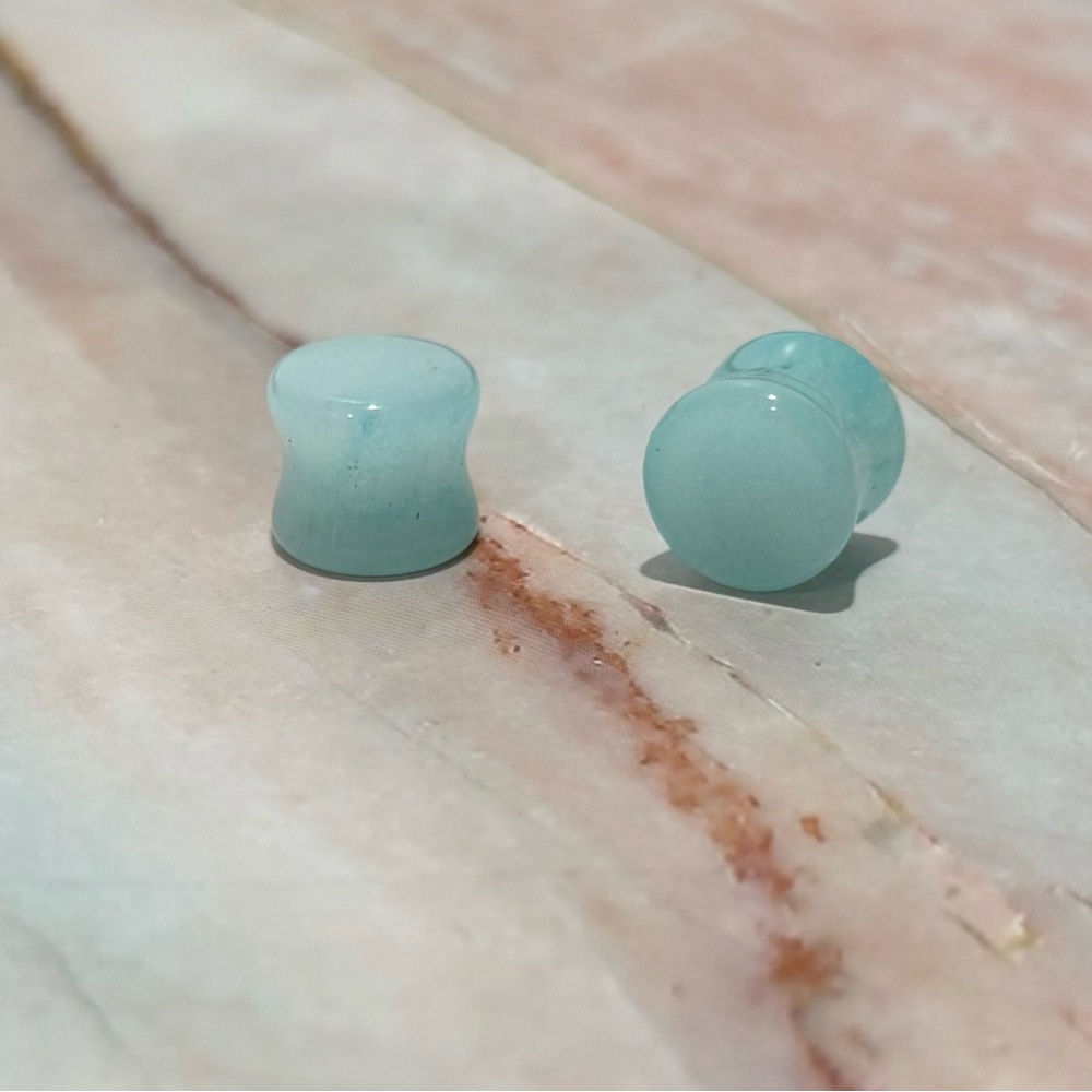 1/2” gauge earrings, blue-teal glass, double flared, EUC